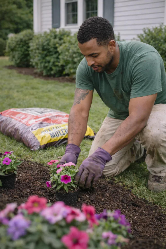 Landscaper planting flowers