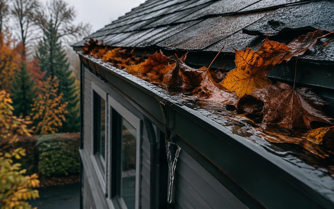 Roof gutter clogged with wet autumn leaves overflowing with rainwater