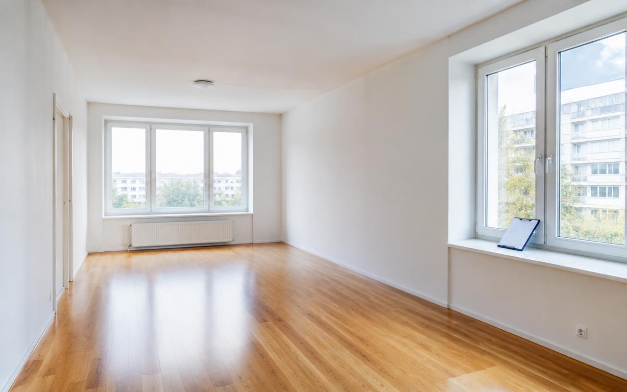 Empty bright apartment living room with hardwood floors and a clipboard on the window sill